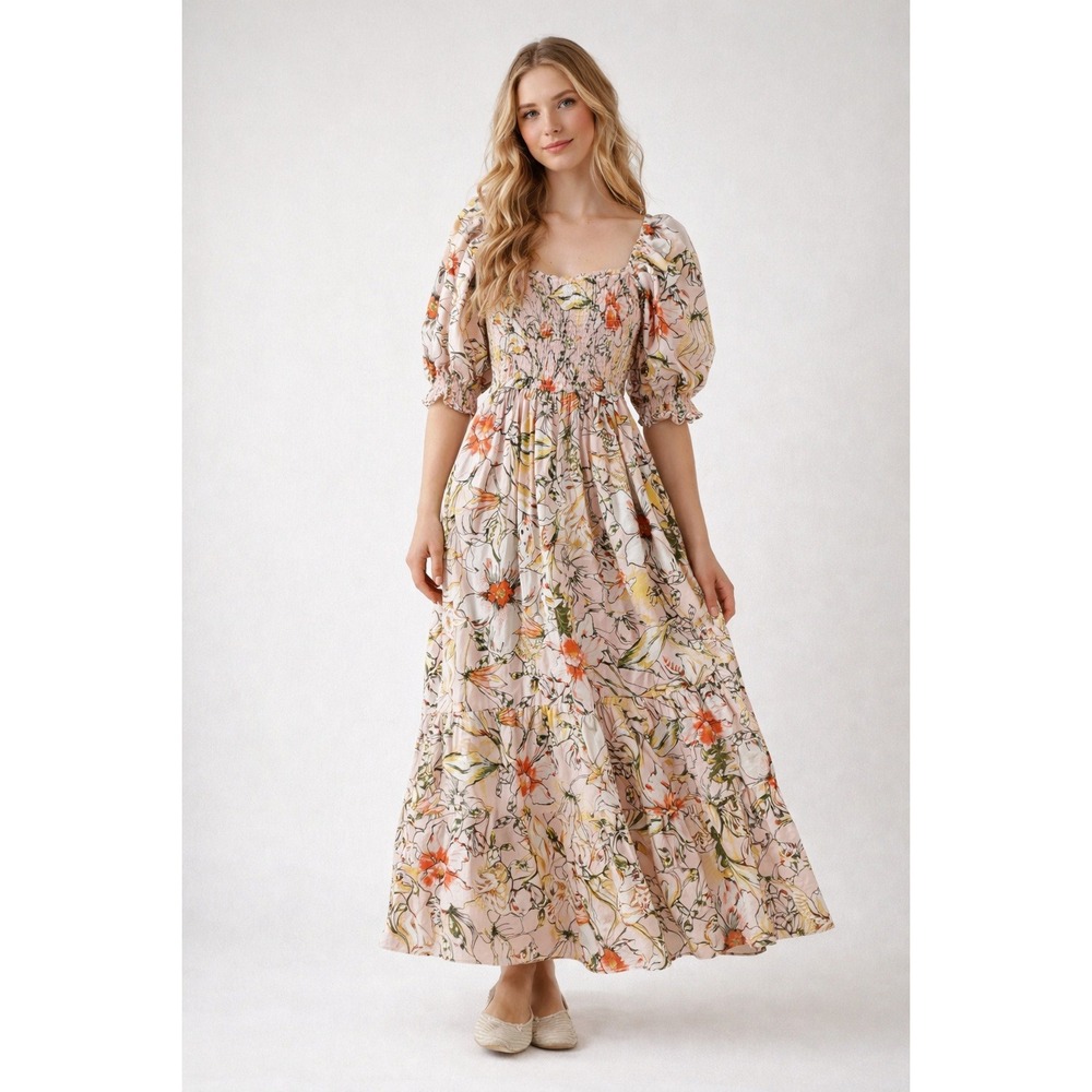 Floral Maxi Dress Womens Large Boho Cottagecore Garden Party Country Puff Sleeve